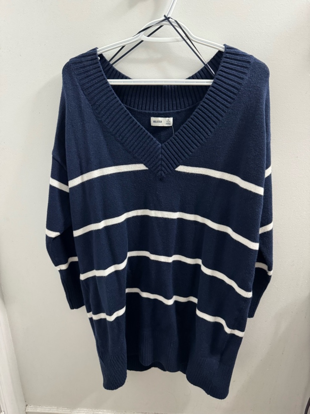 Hollister Navy and White V‑Neck Striped Sweater Dress